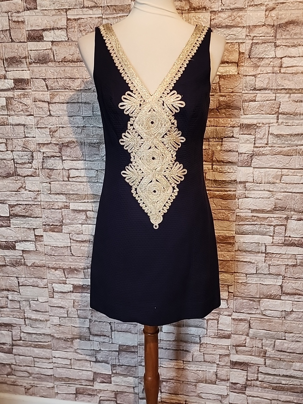 Lilly Pulitzer Junie Shift Dress Elegant Navy and Gold Embellished Dress